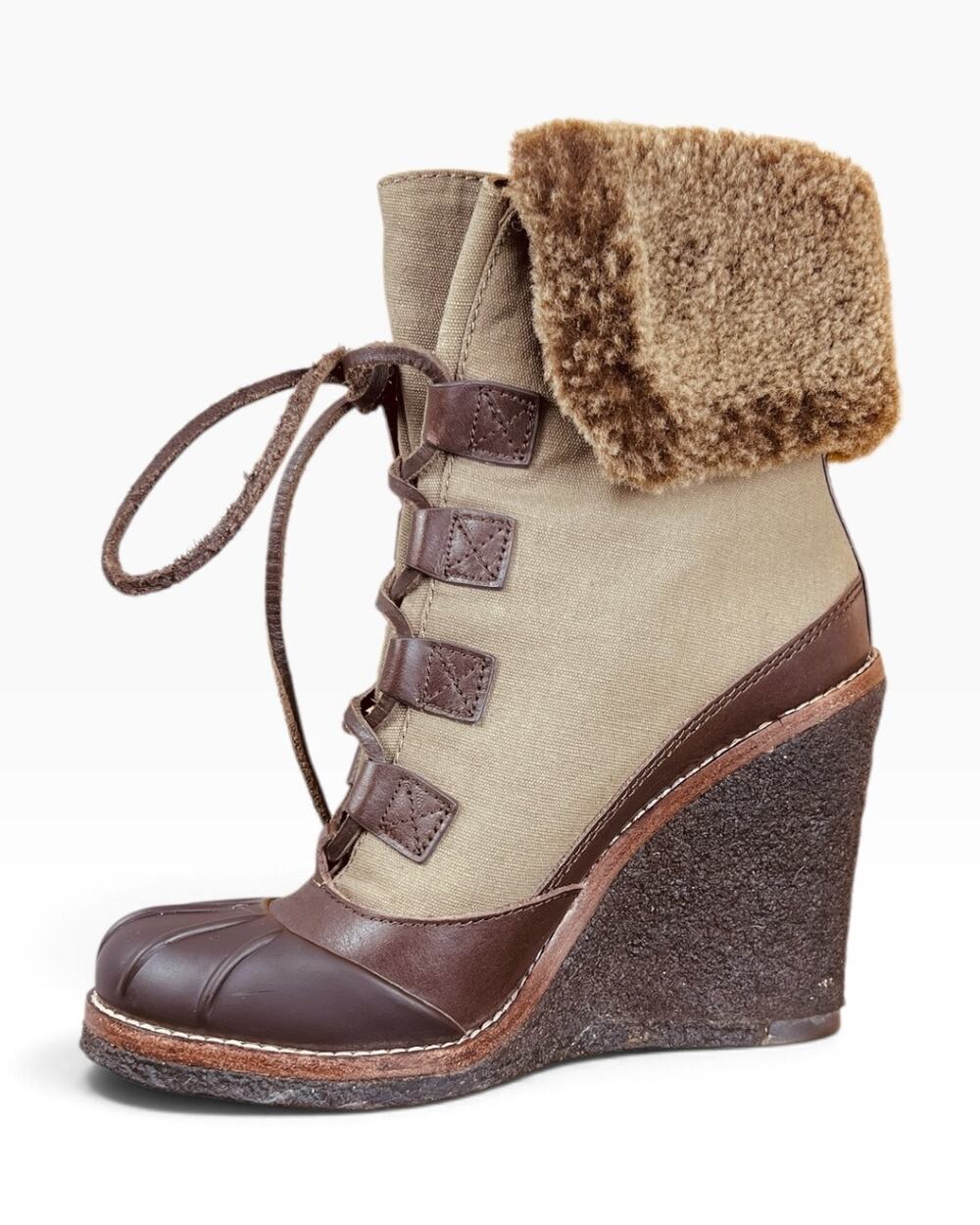 Tory Burch Balfour Shearling Crepe Wedge Duck Boots Khaki Brown Size 6